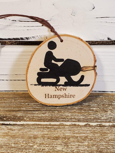 Snowmobile New Hampshire small birch tree ornament