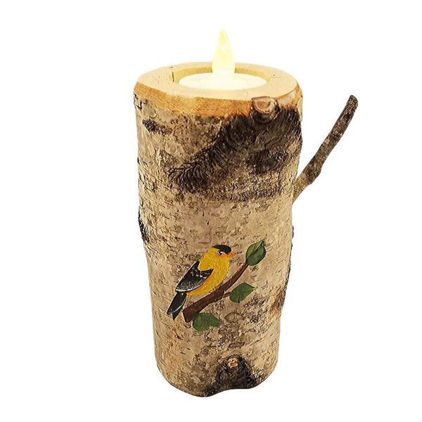 YELLOW FINCH PAINTED ON REAL BIRCH TREE CANDLE 6"
