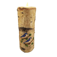 BLUE BIRDS PAINTED ON REAL BIRCH TREE, CANDLE 10"