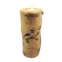 CHICKADEE PAINTED ON REAL BIRCH TREE, CANDLE 8"